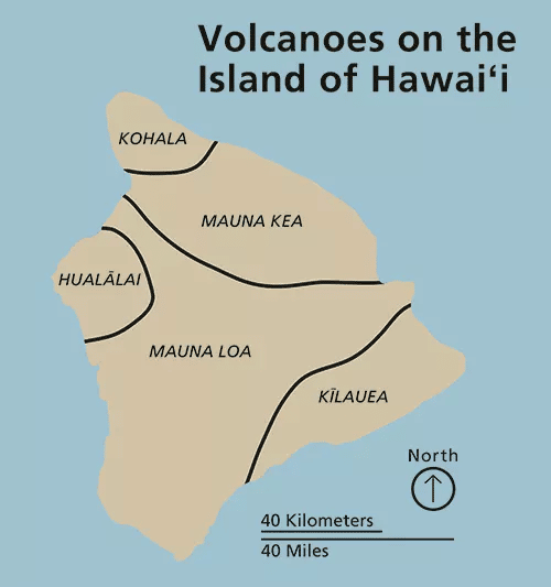 Generalized boundaries of the five volcanoes on the island of Hawaii: Kilauea, Mauna Loa, Mauna Kea, Hualalai, and Kohala
