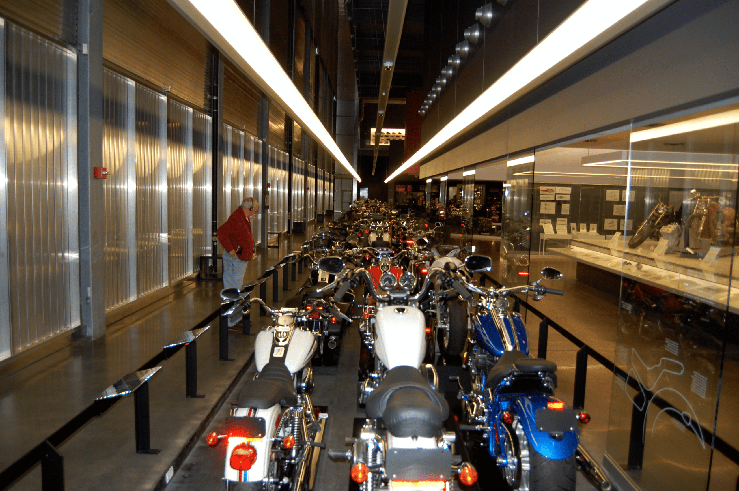 Harley-Davidson motorcycles lined up in a display at the Harley-Davidson Museum in Milwaukee