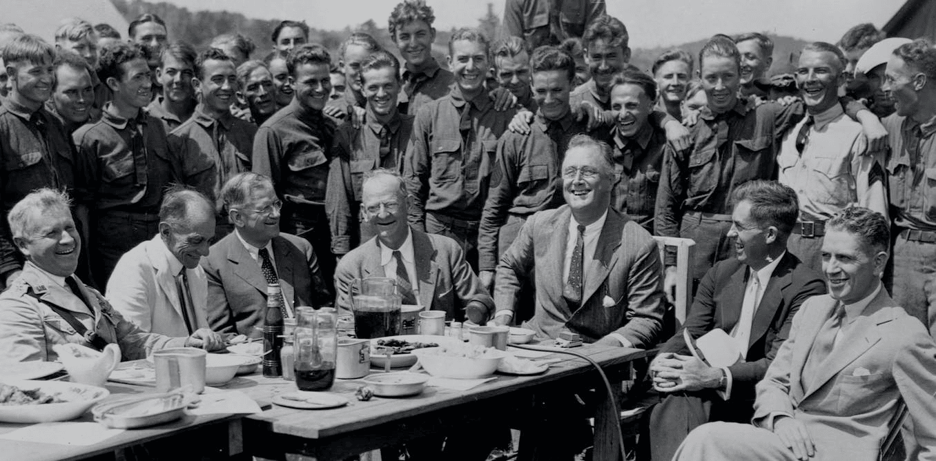 President Franklin Roosevelt makes his first visit to a CCC camp