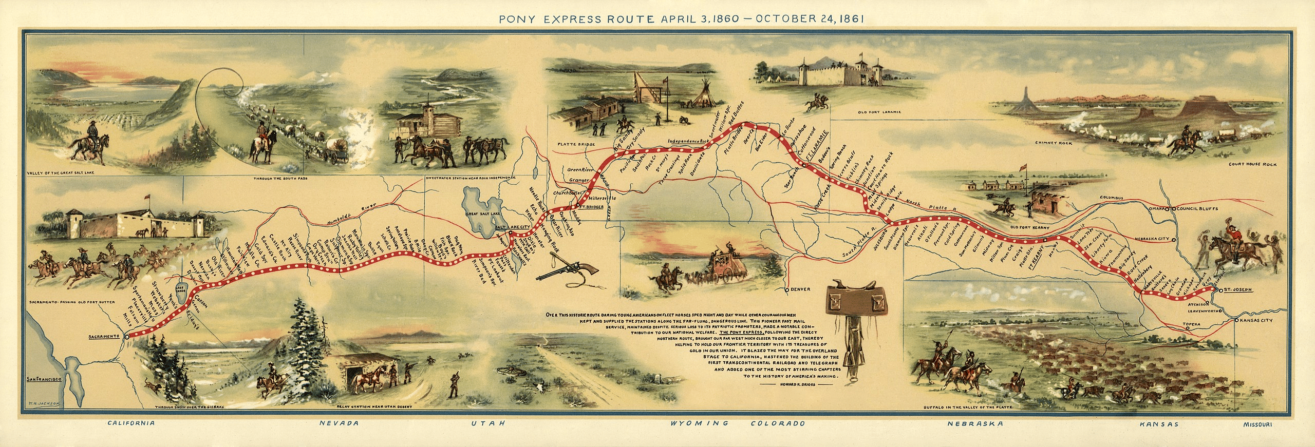 Pony Express Map by William Henry Jackson
