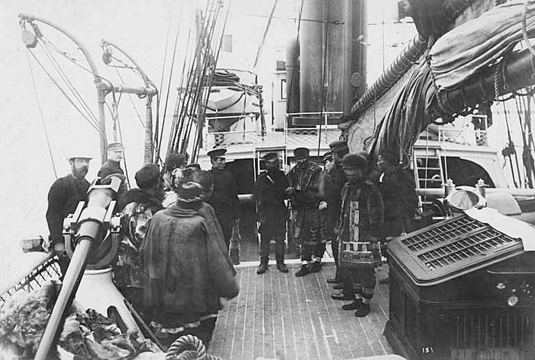 Crew and natives, possibly Siberian Eskimos, on board ship, probably Aleutian Islands, ca. 1899 | Katmai National Park Facts