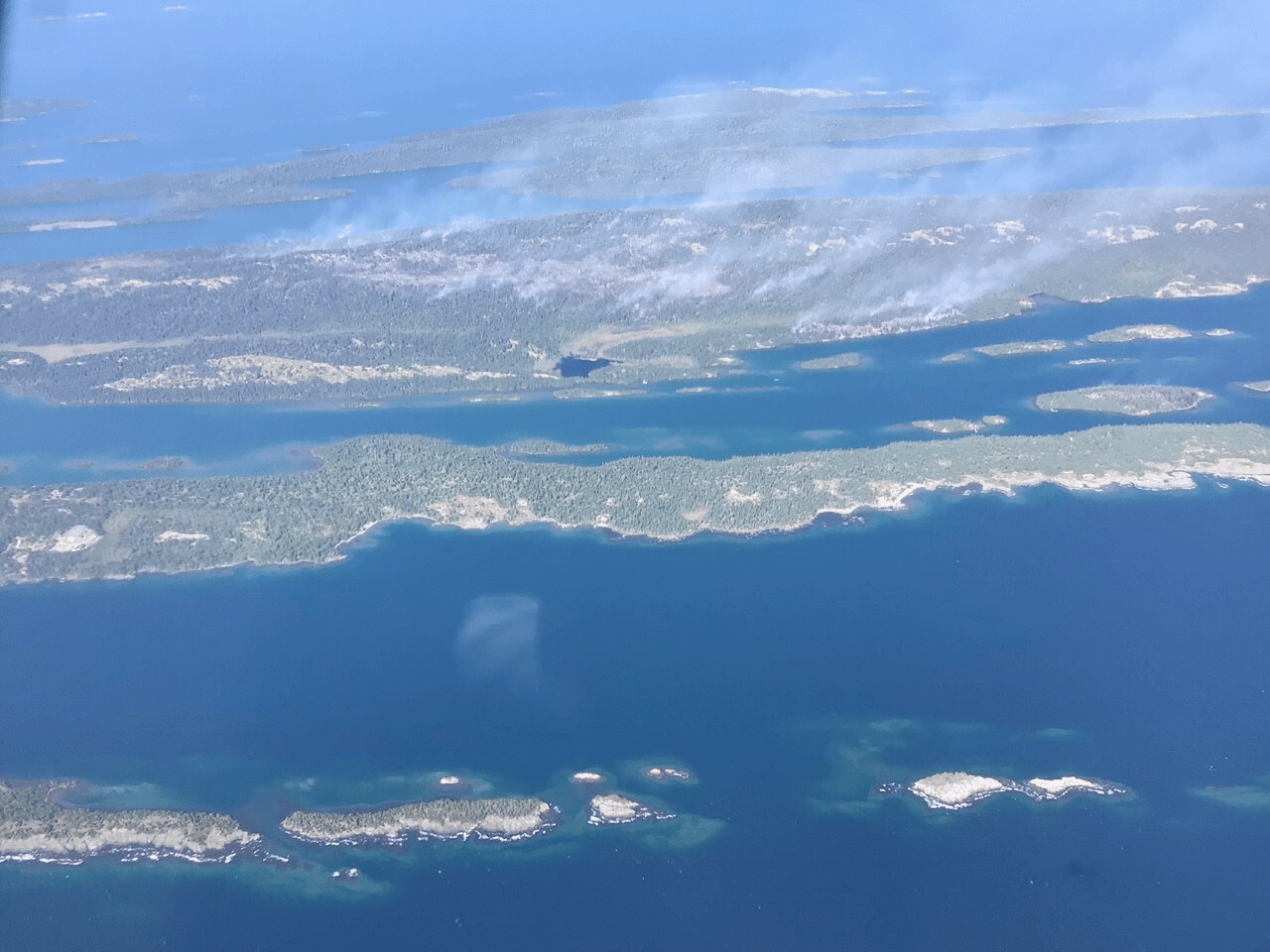 An aerial view of the 2021 Horne Fire from the northeast side of Isle Royale