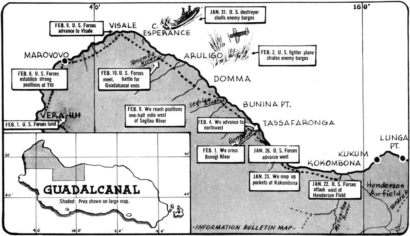 Contemporary map showing the final actions of the Battle of Guadalcanal, 22 January to 10 February 1943. 