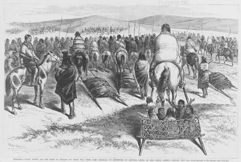 Crazy Horse and his band of Indians on their way from Camp Sheridan to surrender to General Crook at Red Cloud Agency