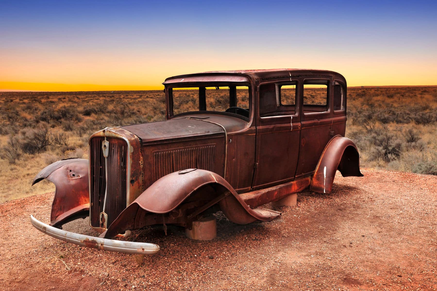 The old Studebaker sits on blocks in Petrified Forest National Park.