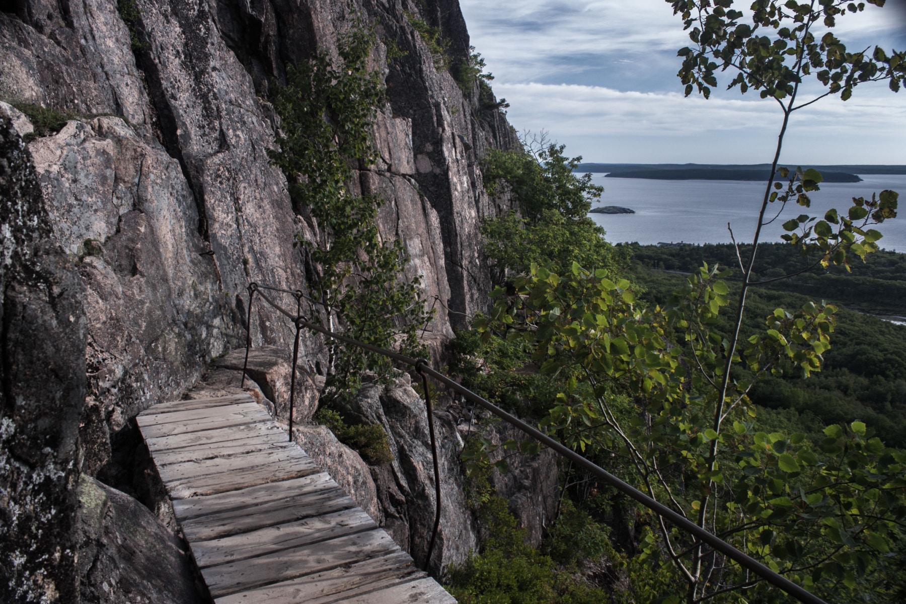 Wooden bridge over steep drop on the Precipice Trail at Acadia National Park with sheer rock wall in the foreground and bay views in the distance.