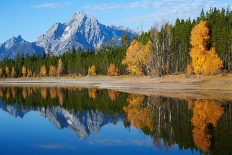 Mountains and fall foliage reflect in a lake at Yellowstone National Park in the fall.