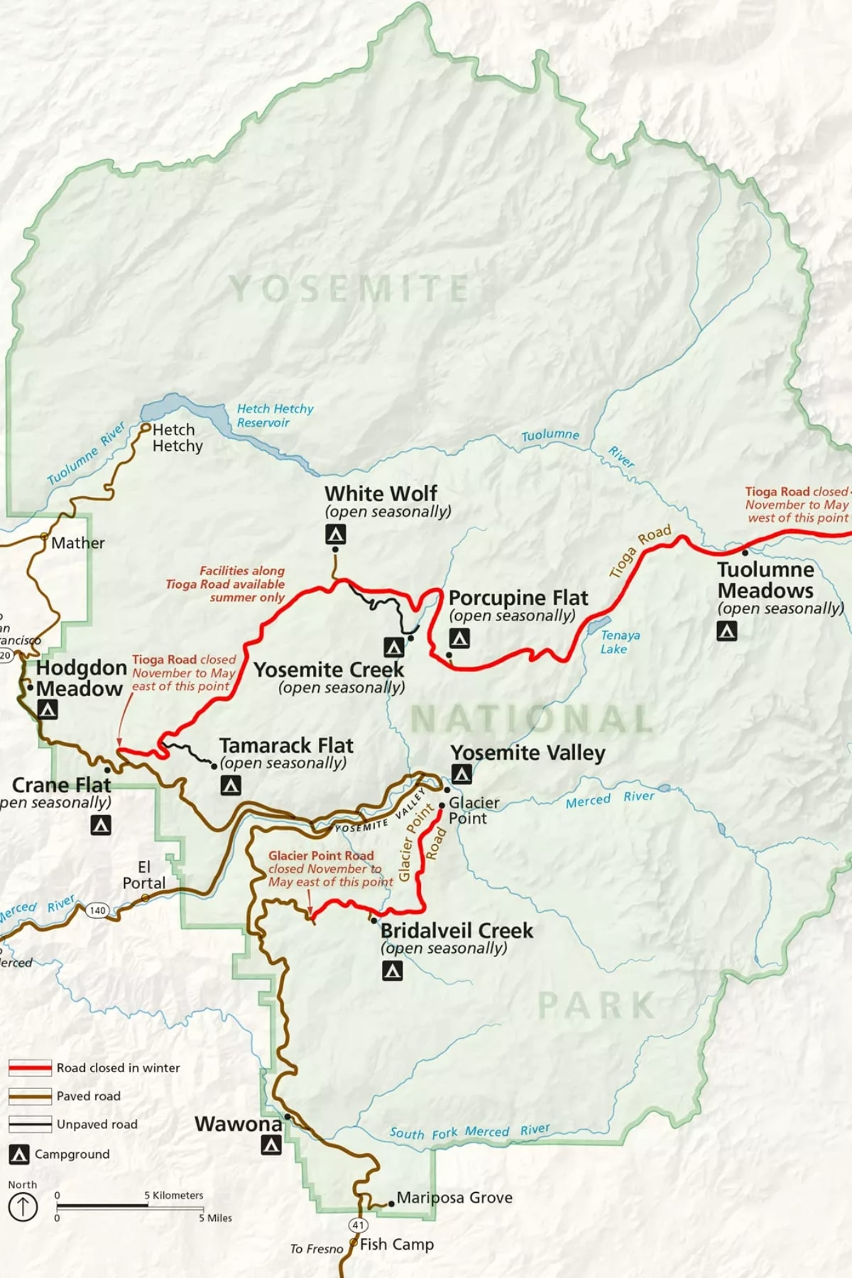 Map of Yosemite National Park winter road closures.
