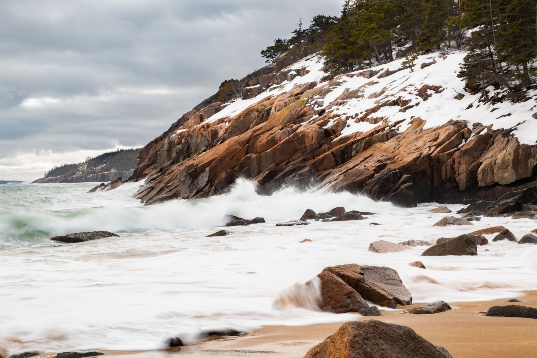 The winter shoreline of Acadia National Park on Mount Desert Island, Maine