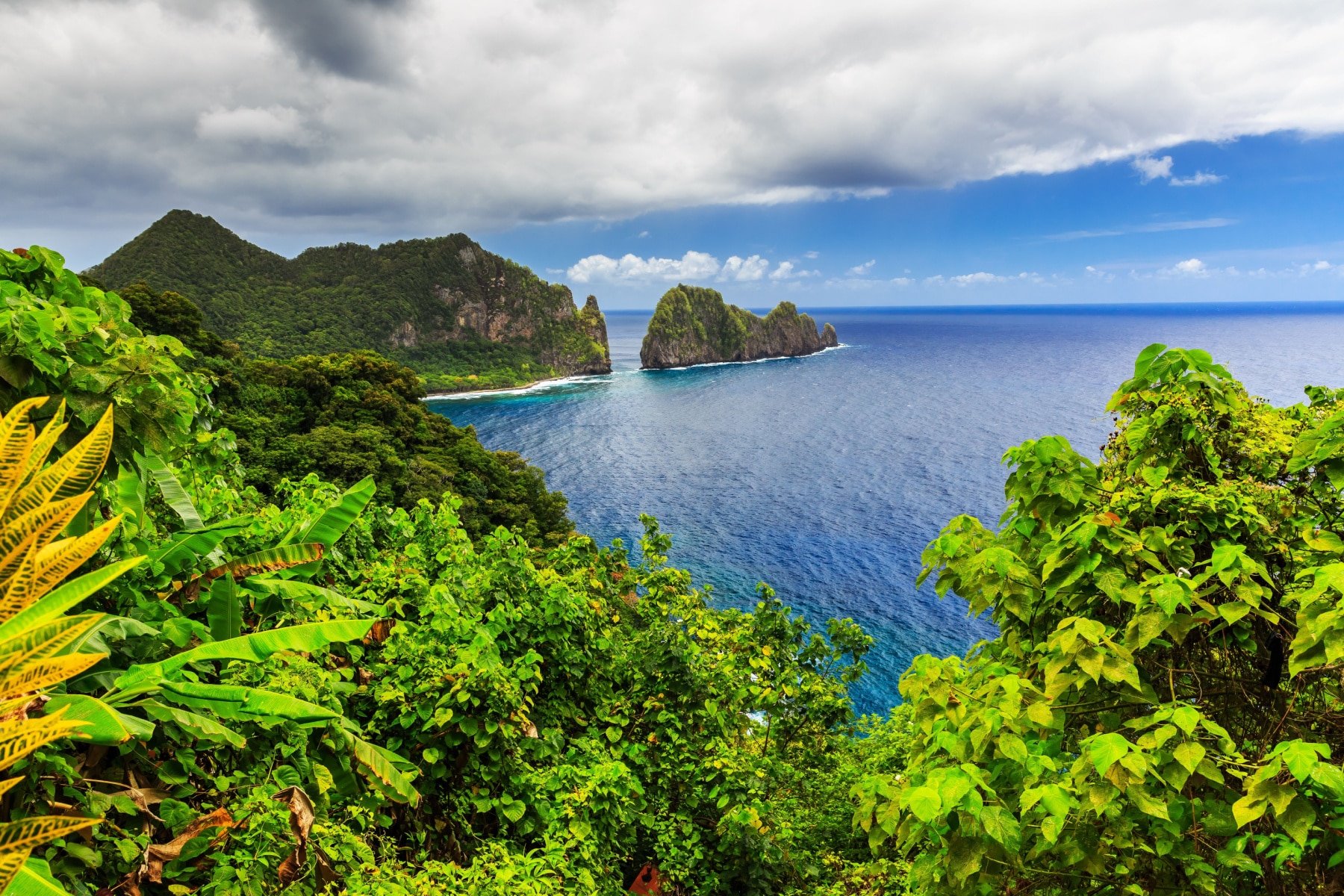 Green mountains surrounded emerald blue waters in National Park of American American Samoa 