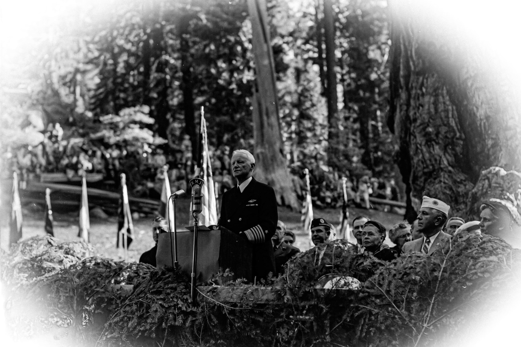 Historic photo showing the General Grant Tree in Kings Canyon being dedicated as a National Shrine.