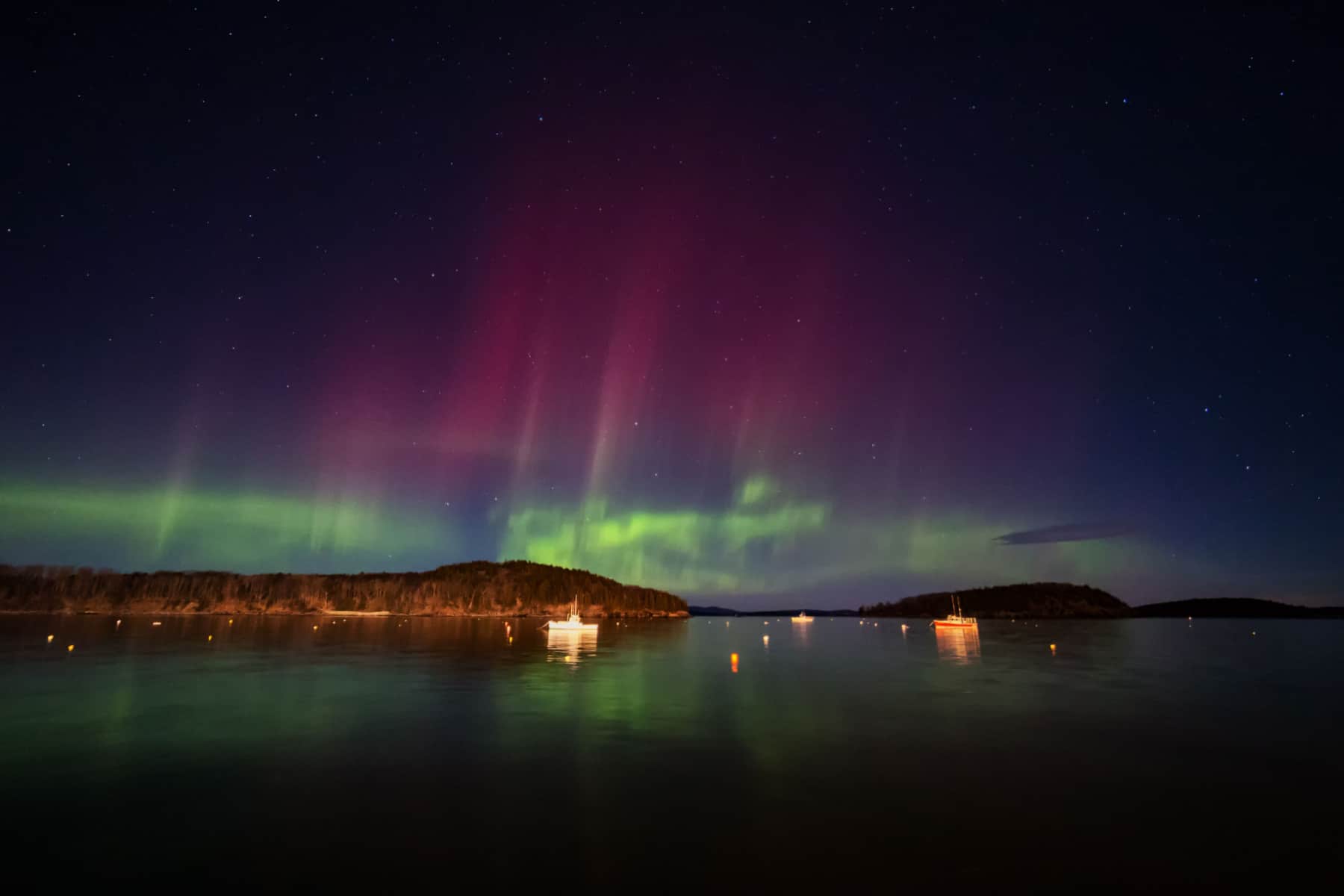 Northern Lights (Aurora Borealis) over Bar Harbor, Maine.