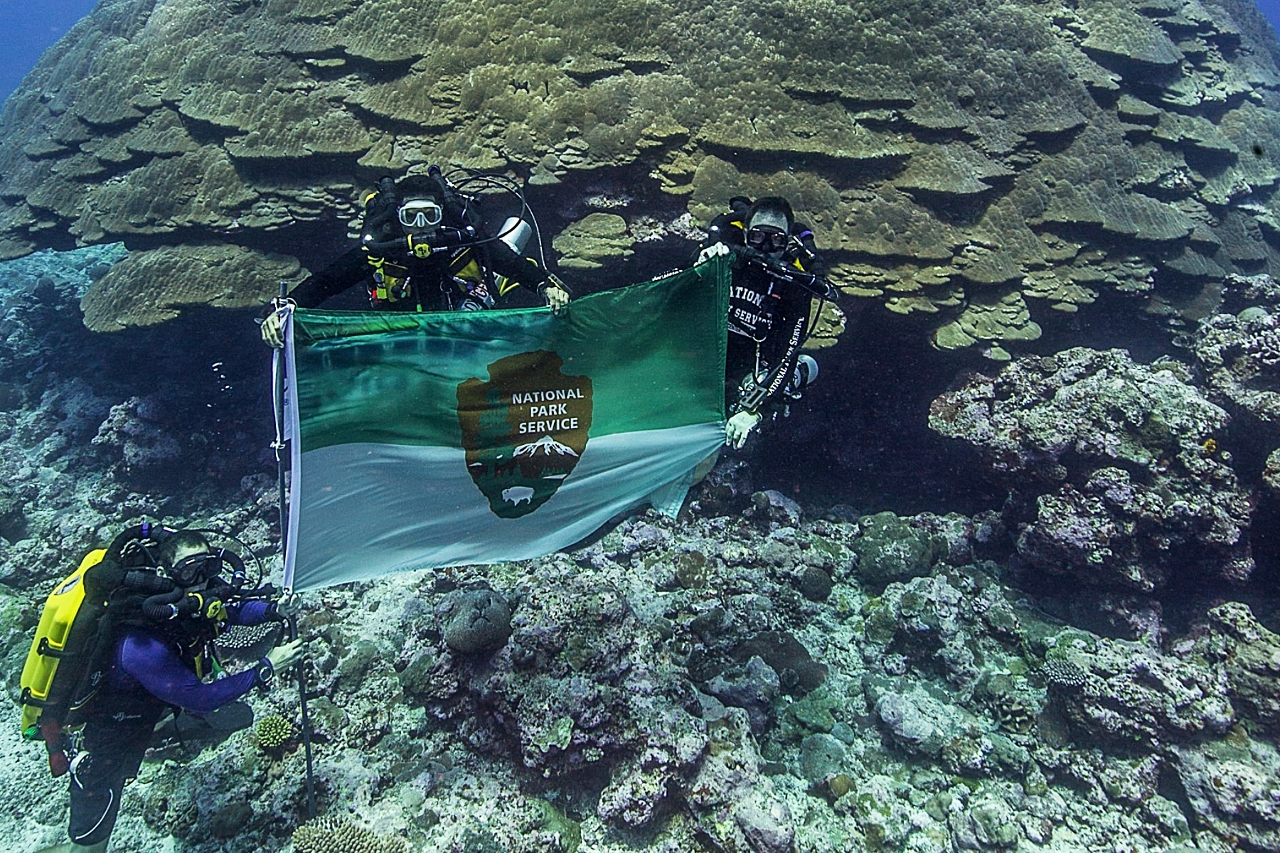 Three people underwater holding a National Park Service flag. 