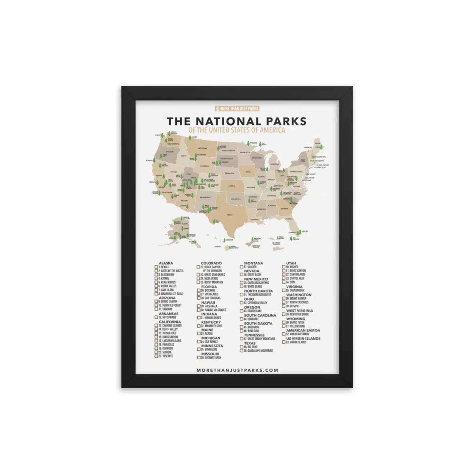 framed national parks checklist map