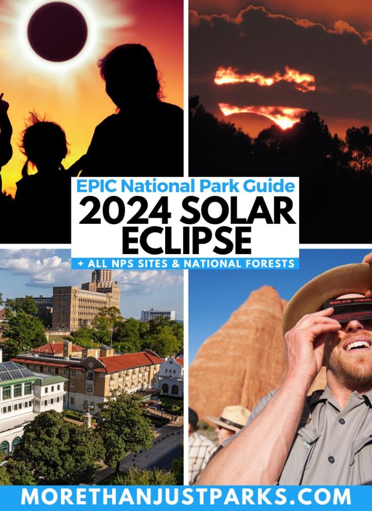 Graphic reads "Epic National Park Guide for 2024 Solar Eclipse Plus All NPS Sites and National Forests