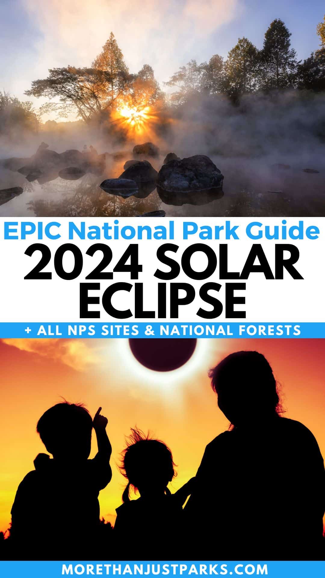 Graphics Reads "EPIC National Park Guide for 2024 Solar Eclipse Plus All NPS Sites & National Forests"
