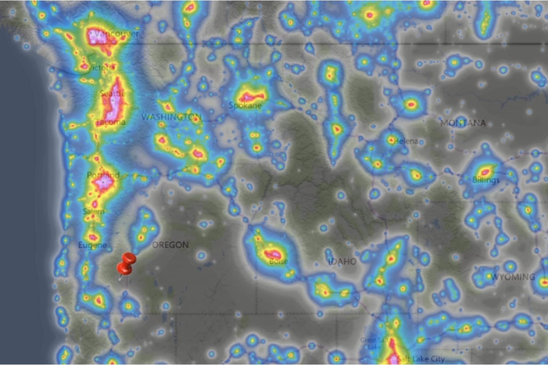 Light pollution map over Pacific Northwest