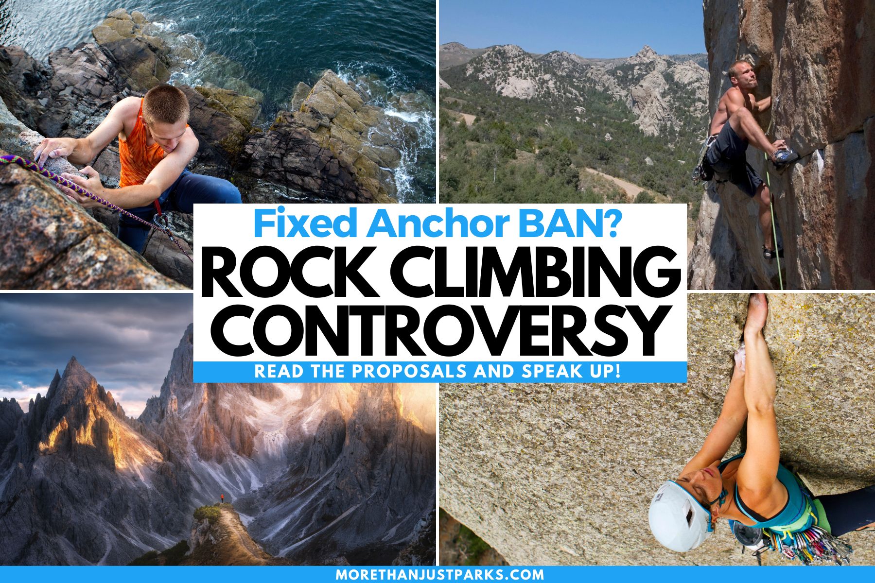 Graphic reads "Fixed Anchor Ban? Rock Climbing Controversy. Read the proposals and speak up!"