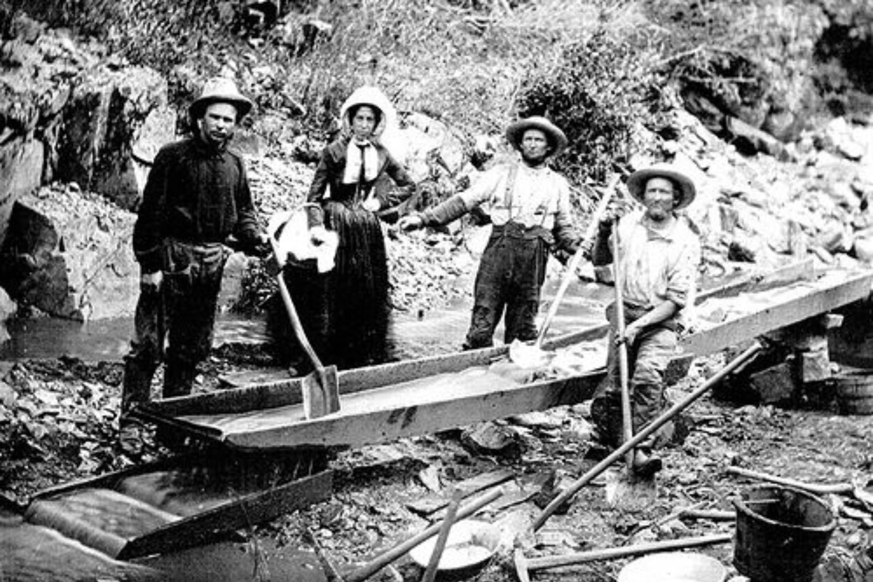 Three men and a woman during the Gold Rush holding mining tools.