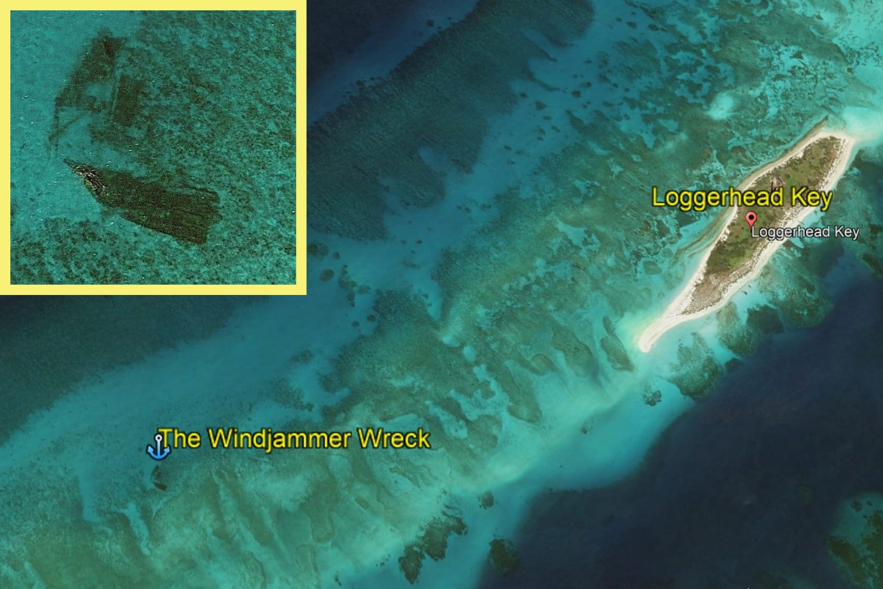 Map showing the location of the Windjammer Shipwreck southwest of Loggerhead Key.
