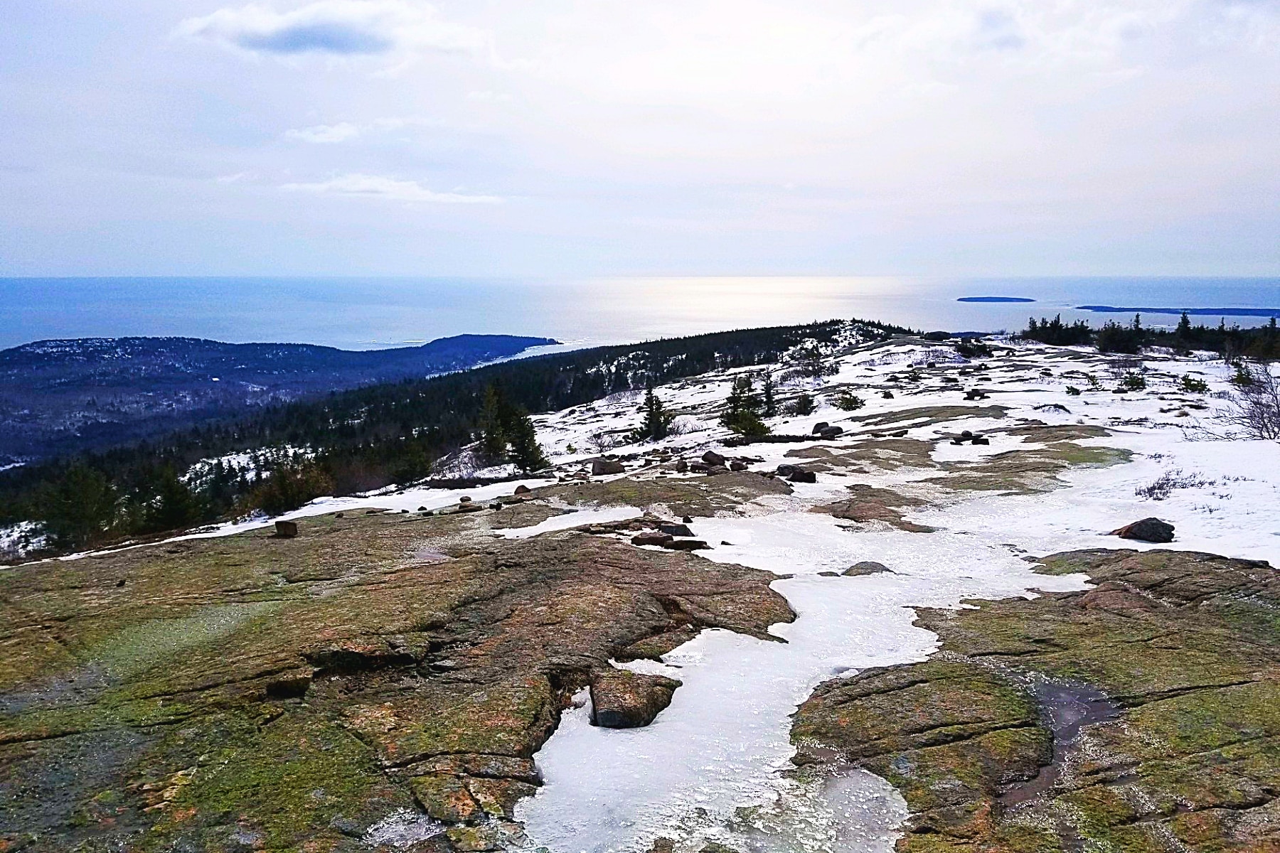 Ice on Cadillac Mountain in Acadia National Park in winter. 