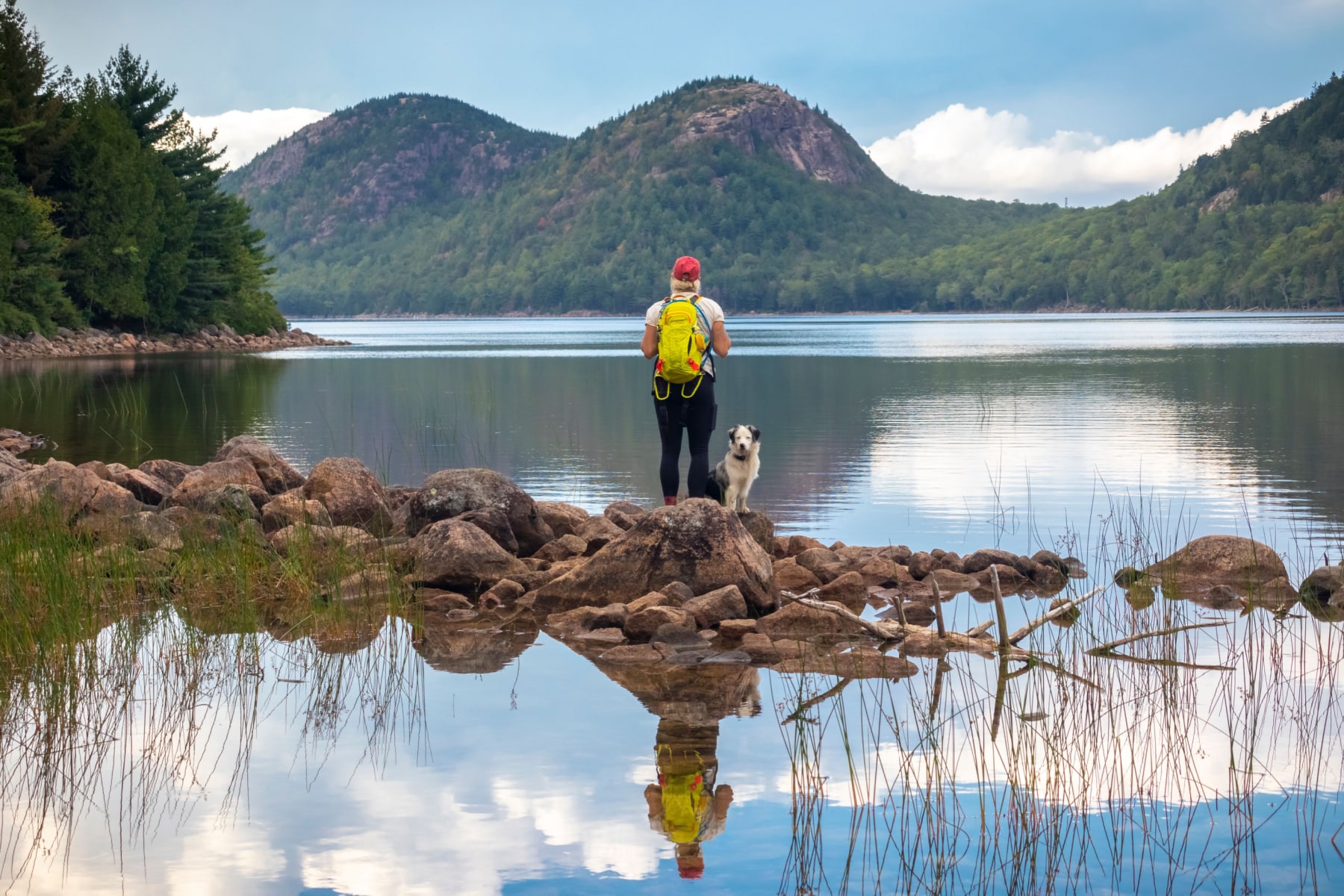 A woman and her dog stand on rocks looking at Jordan Pond in Acadia National Park. 