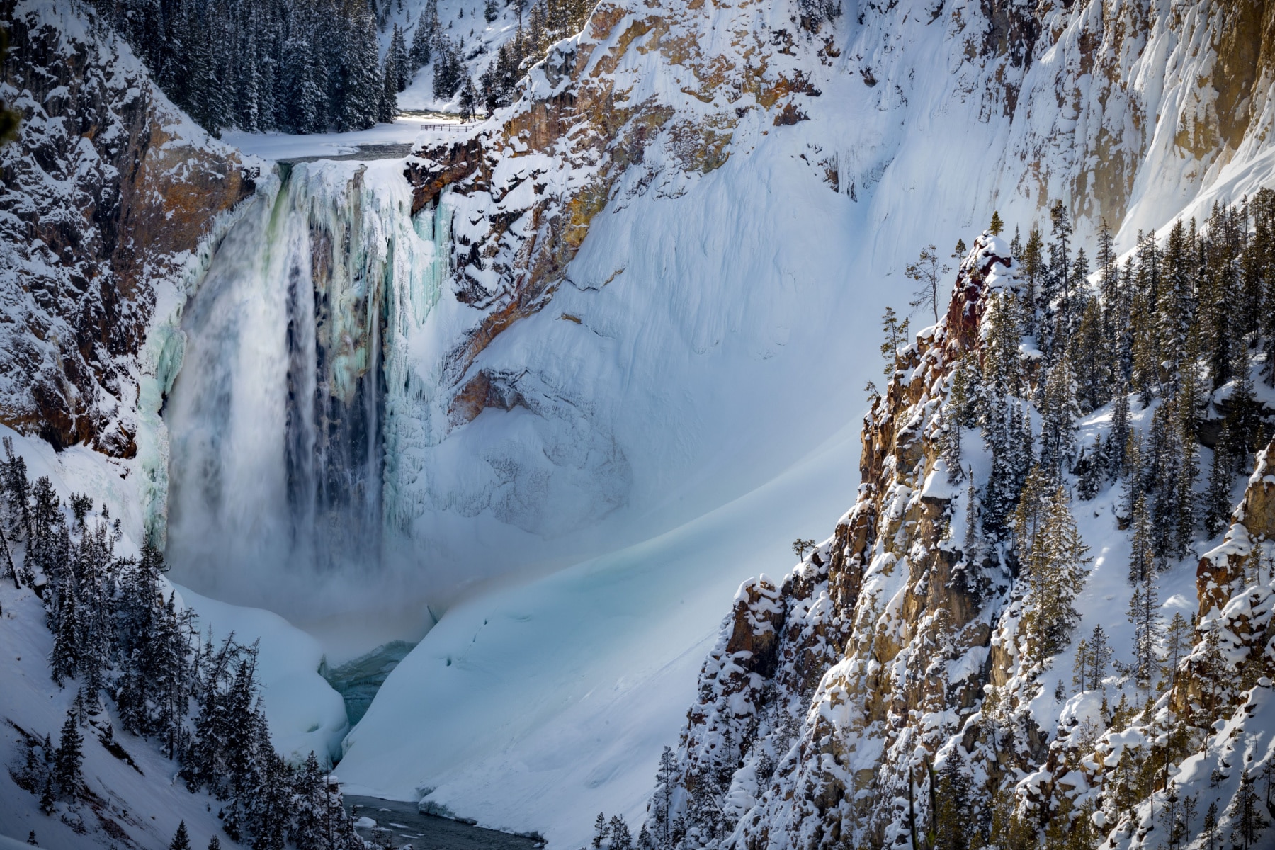 Frozen waterfall in Yellowstone in winter