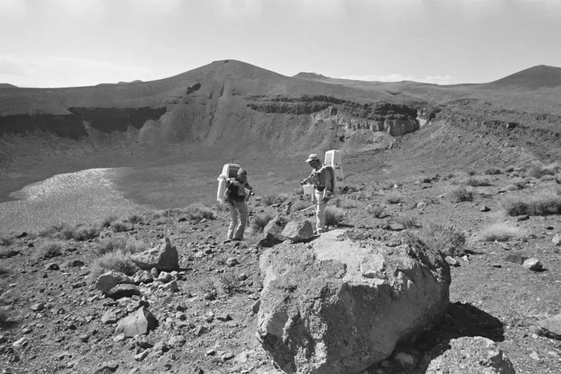 NASA astronauts stand in the Nevada desert training for a mission in 1972