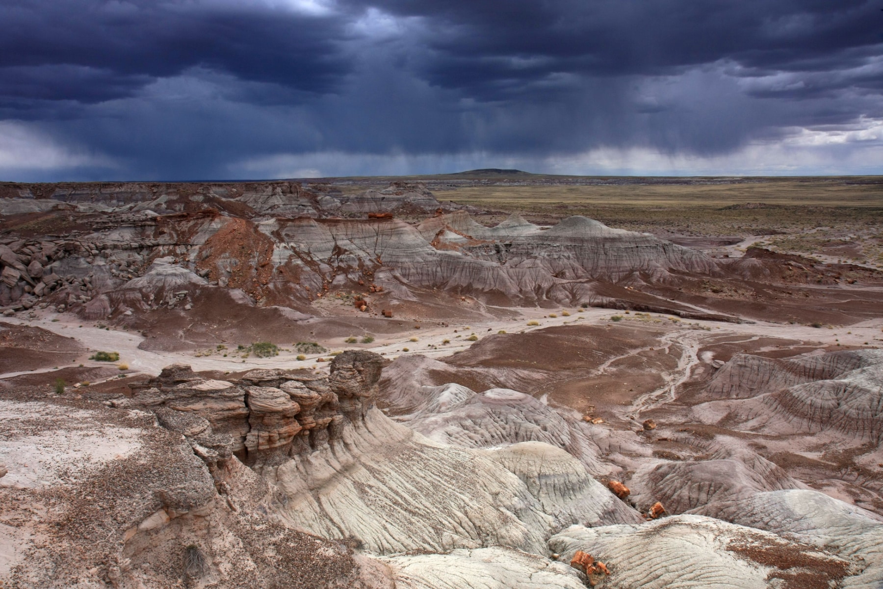 Dark clouds and rain shafts over the horizon in the mountains of Petrified Forest National Park.