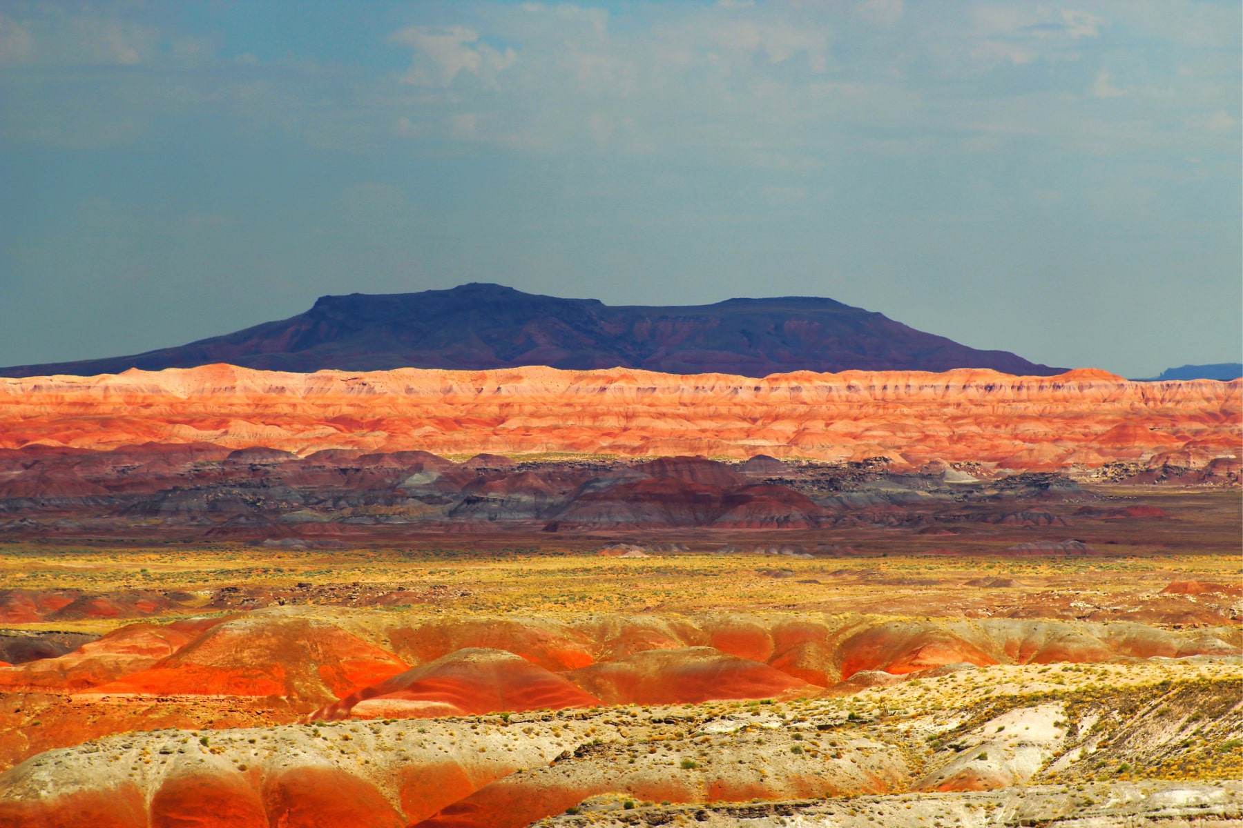 A distant view of the rock layers at Petrified Forest National Park.