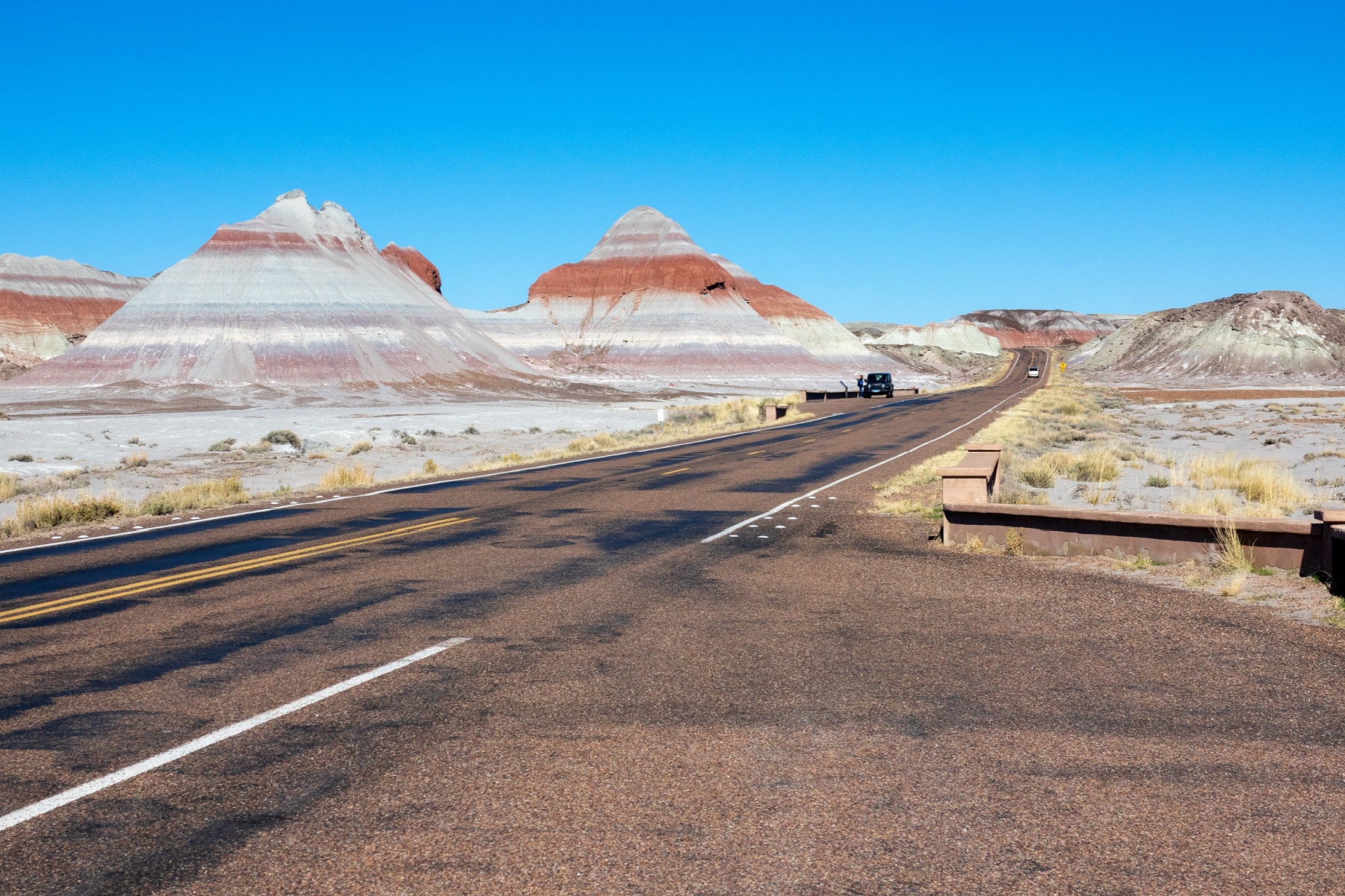A two-lane road through Petrified Forest National Park.
