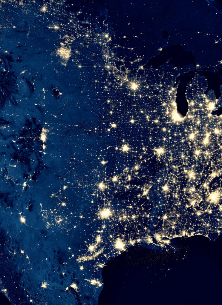 A map of the US showing light pollution