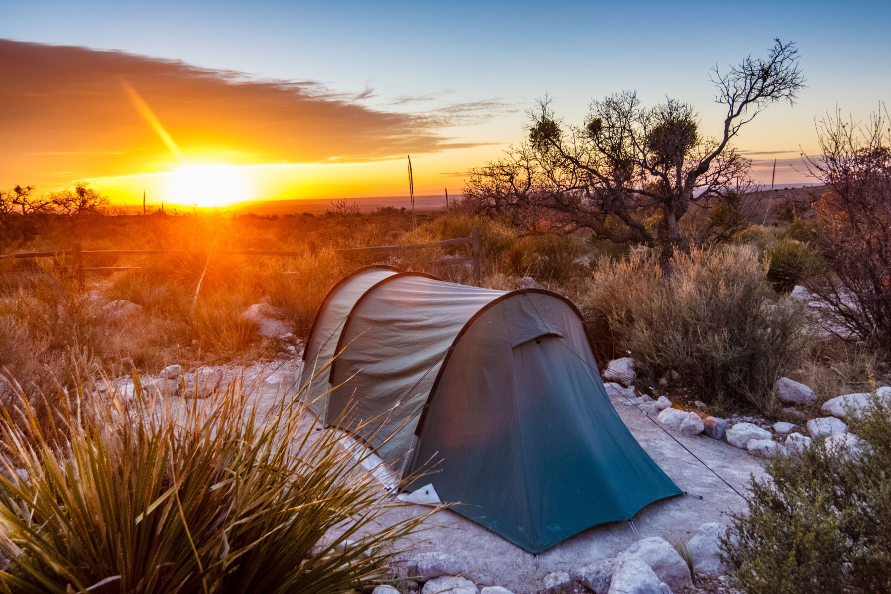 A tent at a campsite with the sun rising, as many best Guadalupe Mountains National Park hikes are overnight trips.