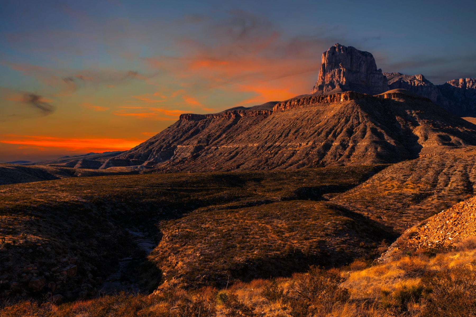 Guadalupe Mountains at sunset with El Capitan poking above the Permian Reef.