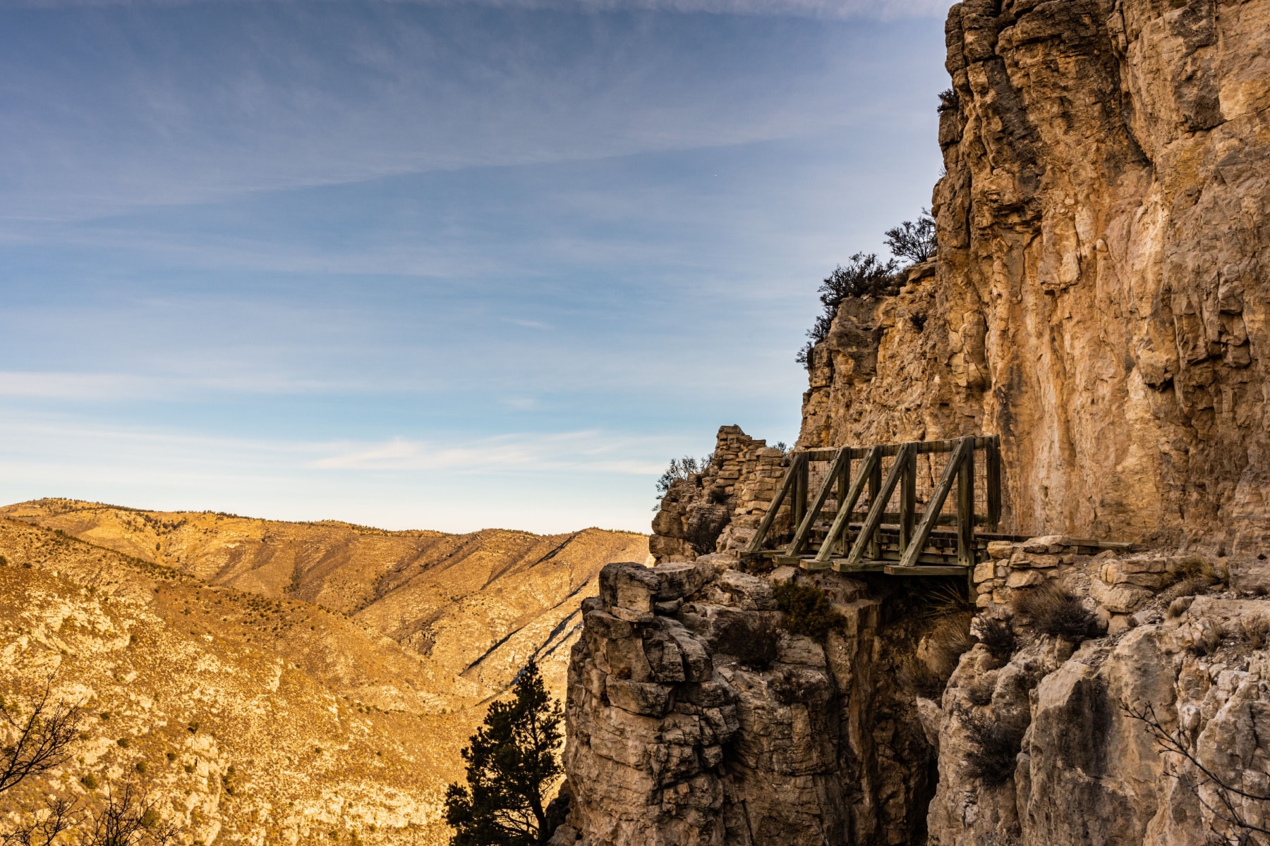 A bridge on the Guadalupe Peak Trail on a sheer cliff of ancient reef limestone. 