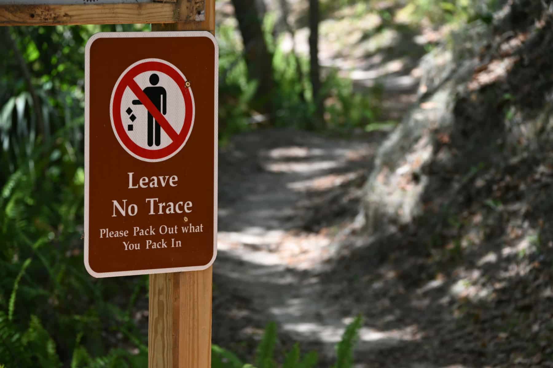 The 7 principles of leave no trace are shown on this forest sign reading "Leave No Trace. Please Pack out What You Pack In."