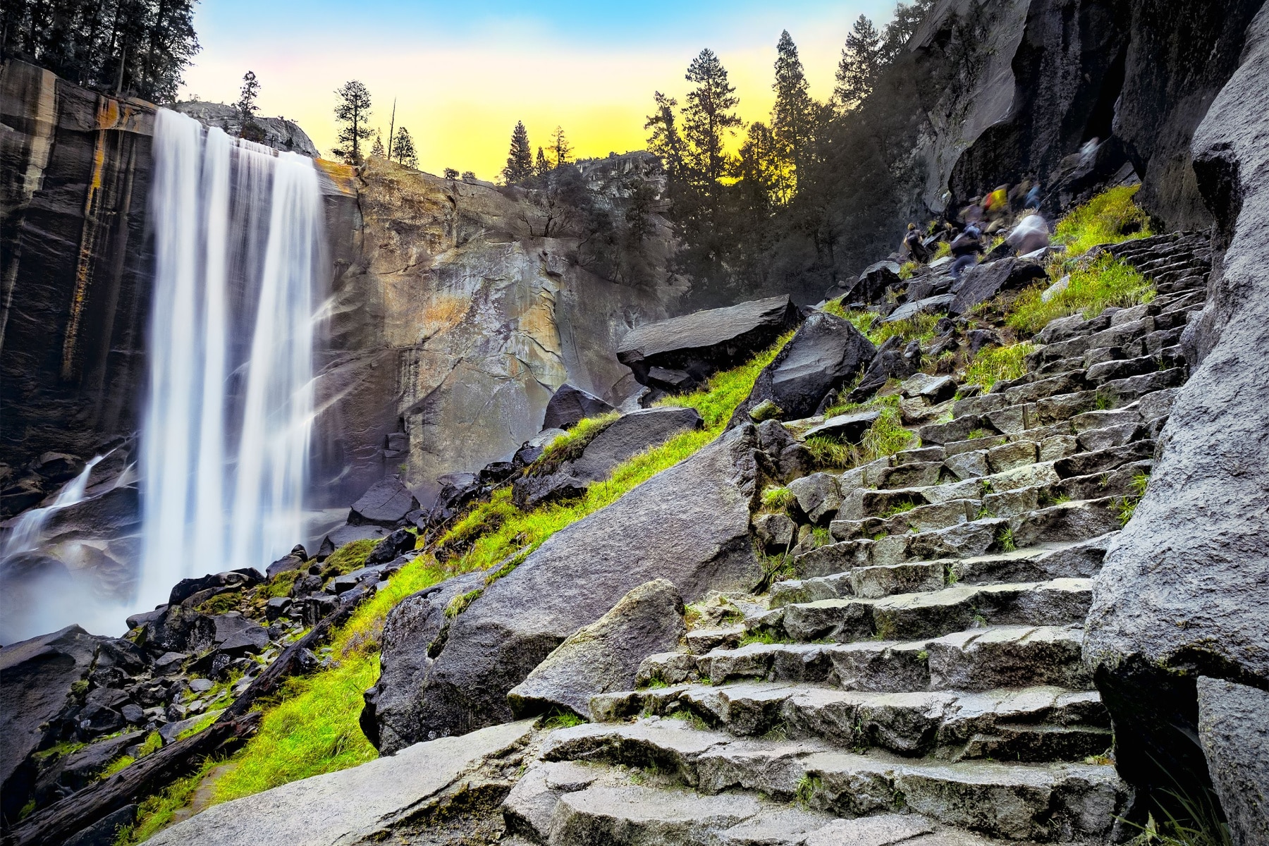 The view of Vernal Falls from a stone staircase in Yosemite National Park, one of the best national parks to visit in April.