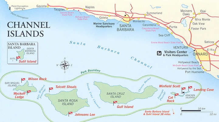 Diving is one of the Channel Islands Things to Do and this map shows the specific locations. 